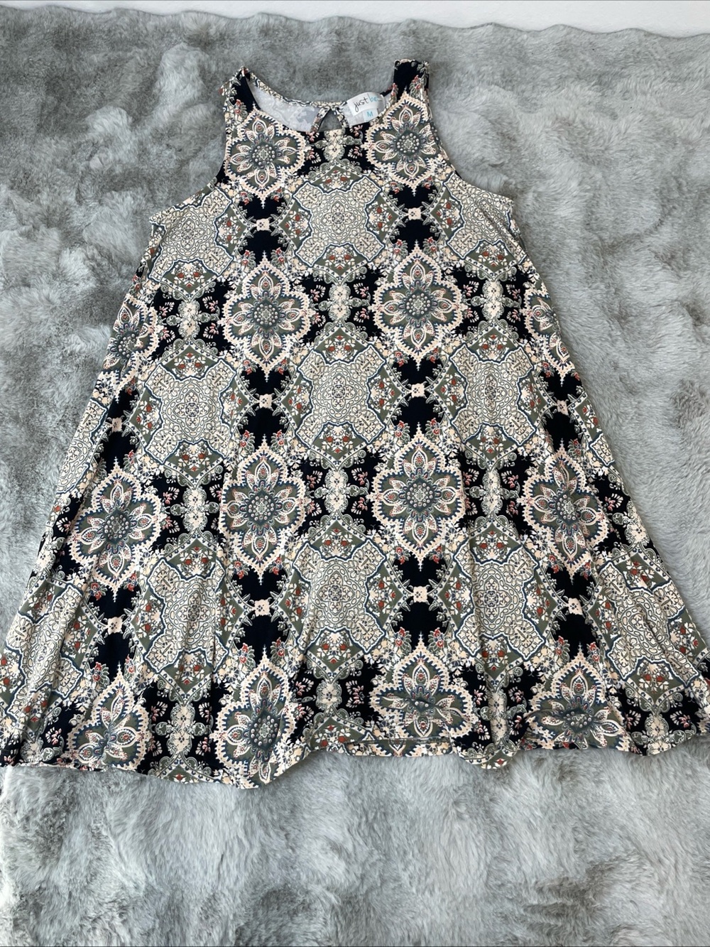 just be Black and Cream Patterned Midi Dress-0310